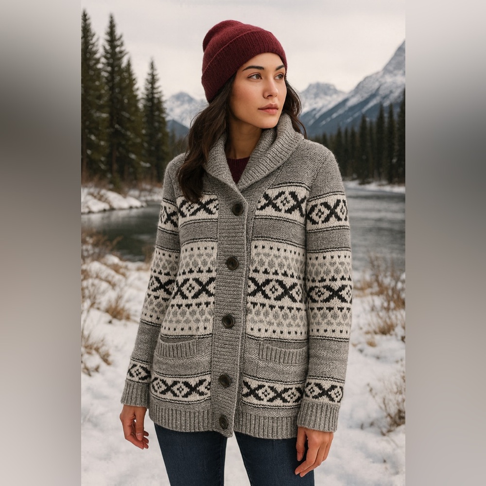 Vintage-Inspired Fair Isle Shawl Cardigan Cozy Rustic Winter Sweater Oversized